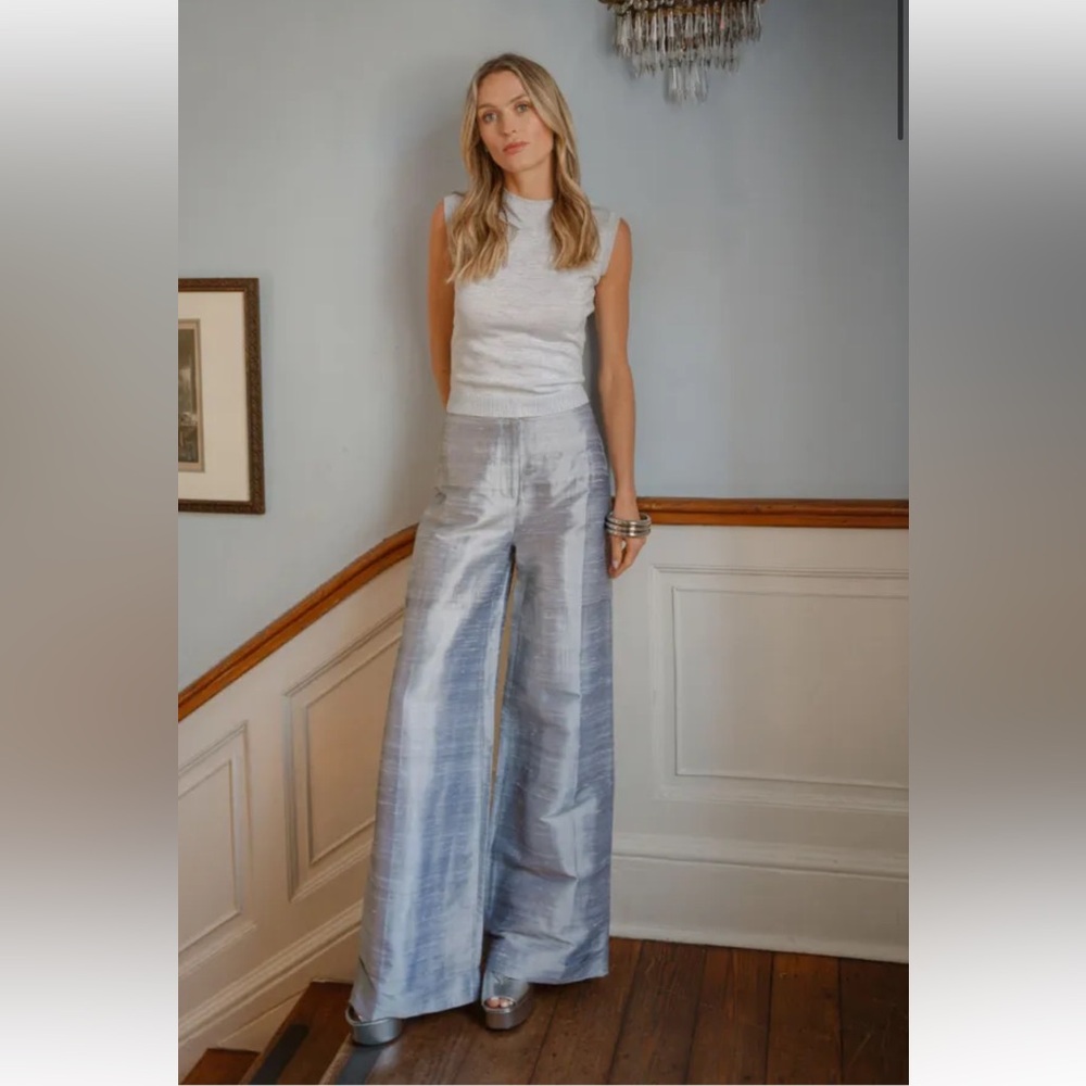 NWT Julia Amory Duponi Silk Silver Wide Leg Pant. Size Small. Color Sold Out.